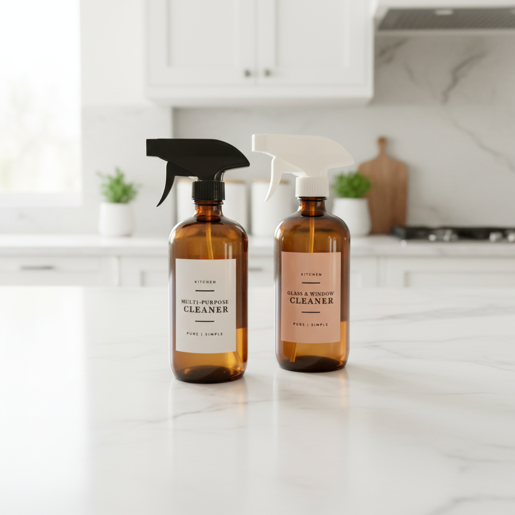 Two brown glass cleaning bottles with labels on a white background