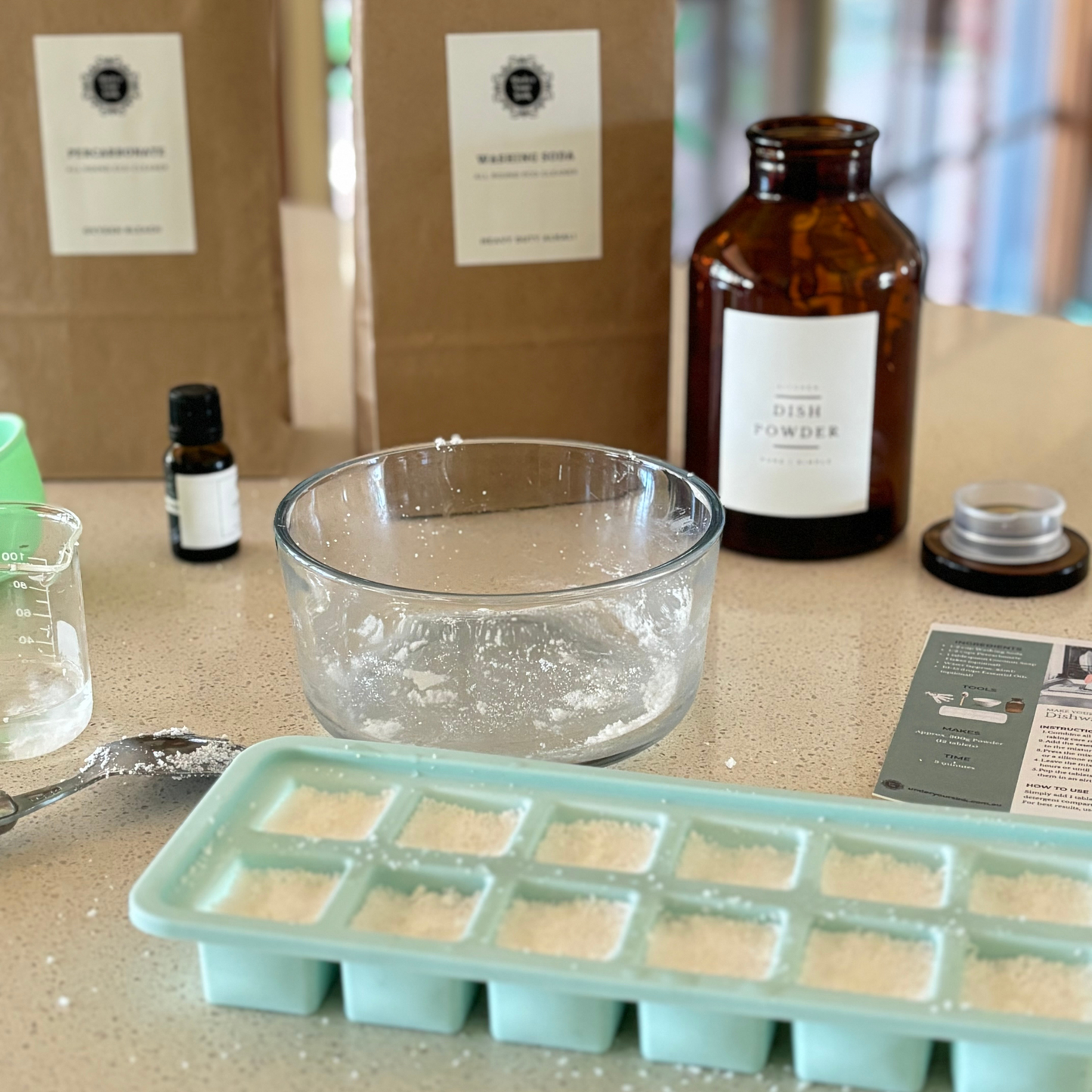 Washing Soda (sodium carbonate) and percarbonate in bags with items to make dishwasher tablets