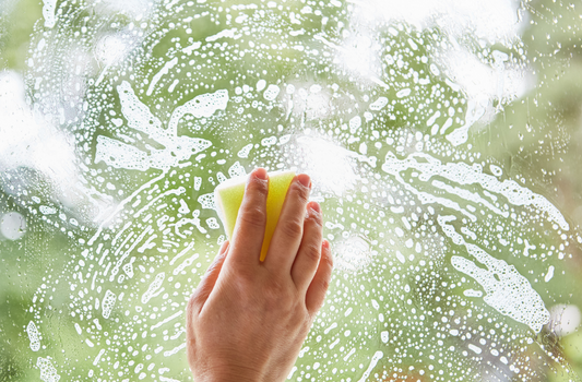 A glass window with soapy suds being cleaning with a sponge set with greenery behind the window to show natural eco friendly solutions as this is a blog cover image for Easy homemade solutions for sparkling Windows & Glass 