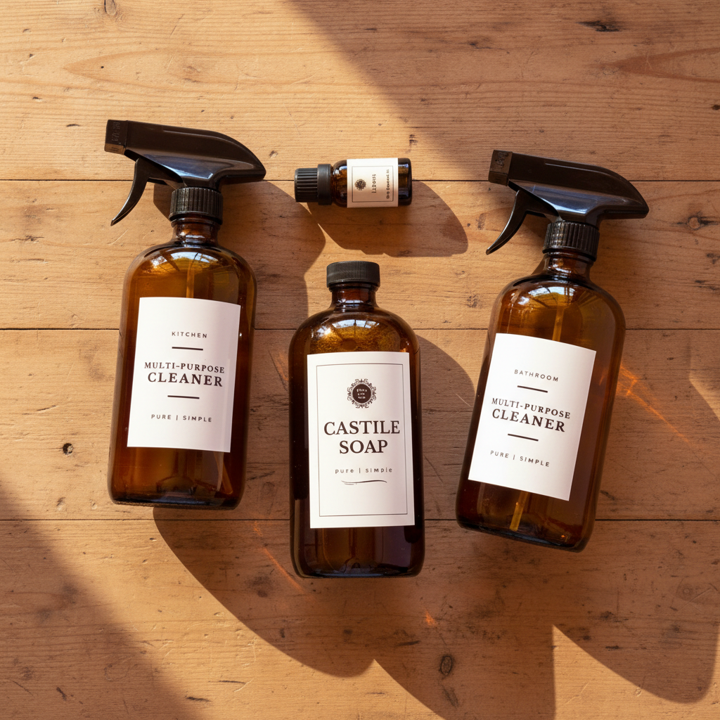 Three amber glass trigger spray bottles with cleaning labels on a wooden surface