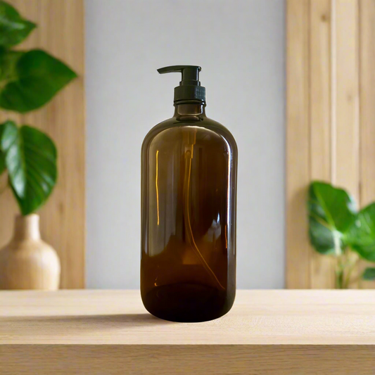 1L Amber Glass Soap Dispenser with Black Plastic Pump