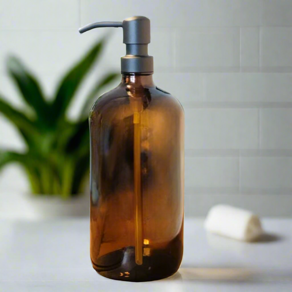 500ml Amber Glass Soap Dispenser with Black Stainless Pump