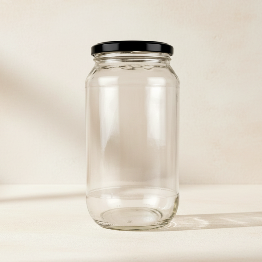 A clear glass jar with a black screw-on lid, shown against a plain white background.