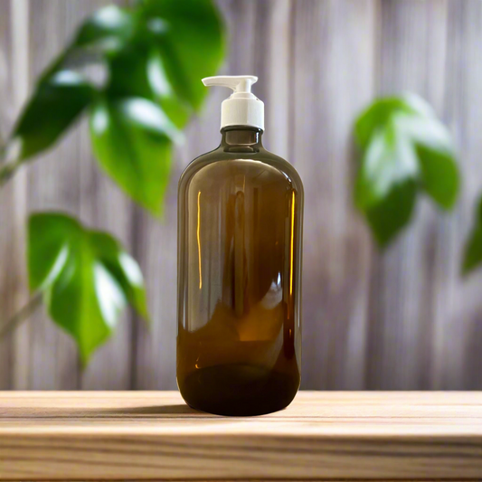1L Amber Glass Soap Dispenser with White Plastic Pump