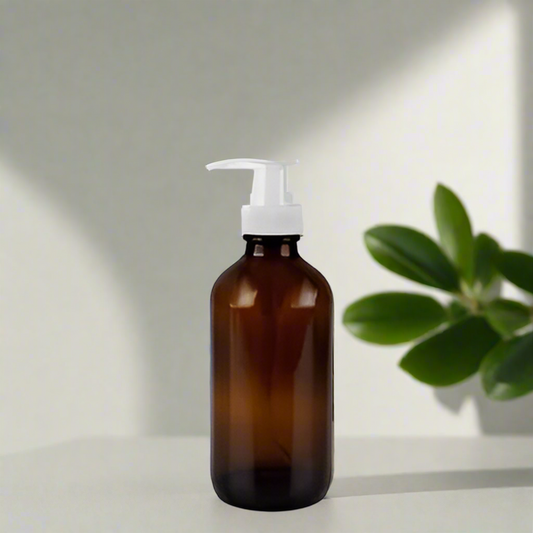 250ml Amber Glass Soap Dispenser with white plastic pump
