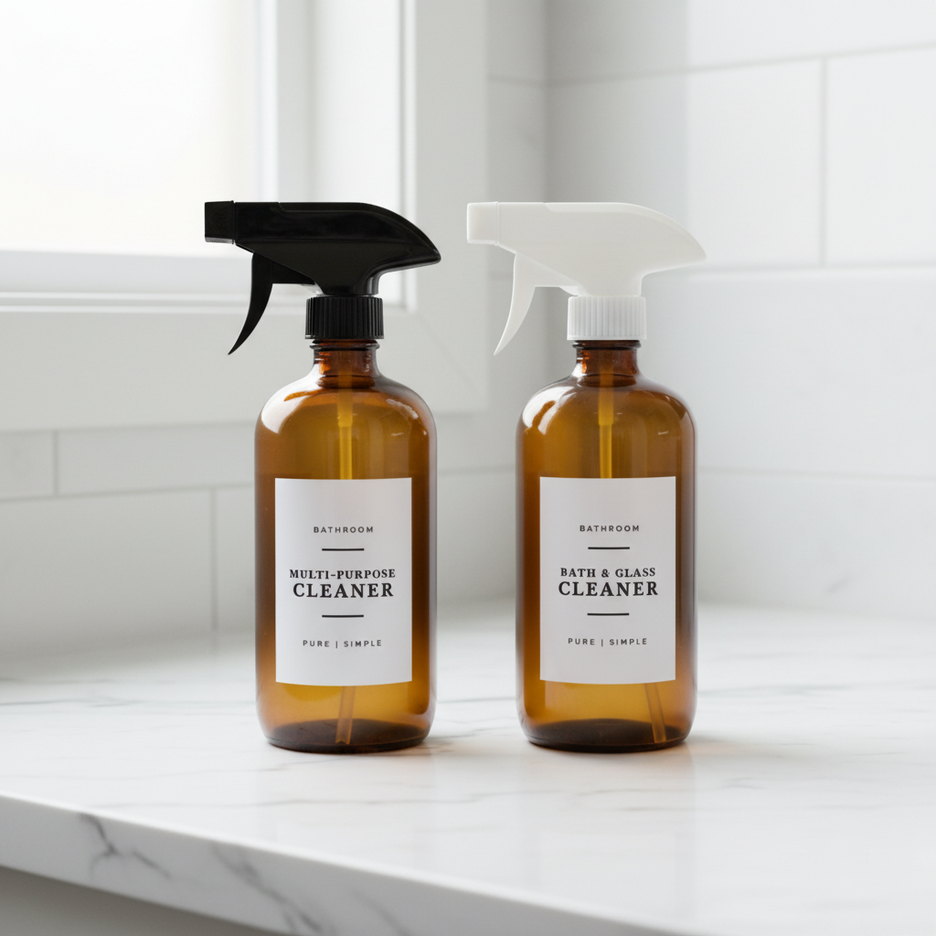 Two brown spray bottles labeled 'Multi-Purpose Cleaner' and 'Bath & Glass Cleaner' on a white background.