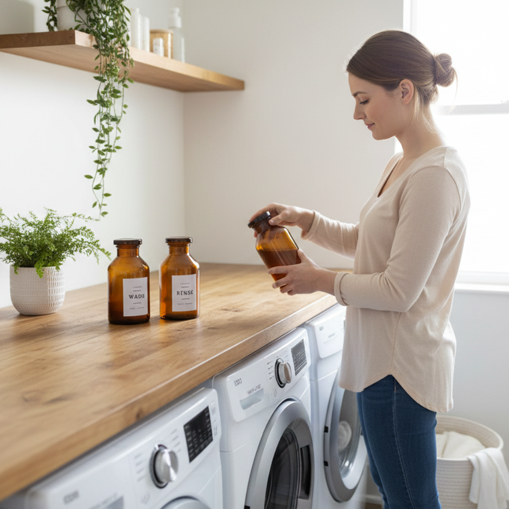 Woman holding a jar next to laundry detergent bottles in a laundry room.