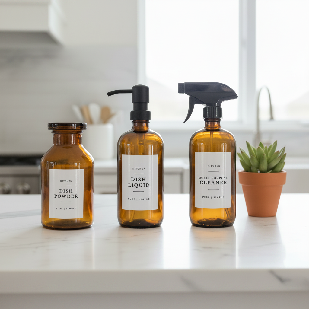 Three bottles of kitchen cleaning products with labels on a white background