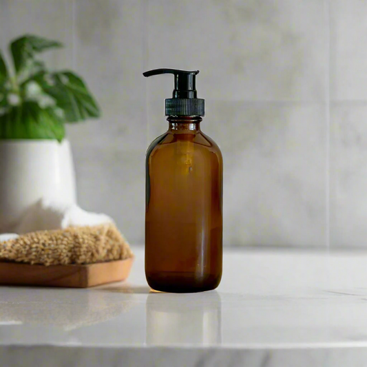 250ml Amber Glass Soap Dispenser with Black Plastic Pump