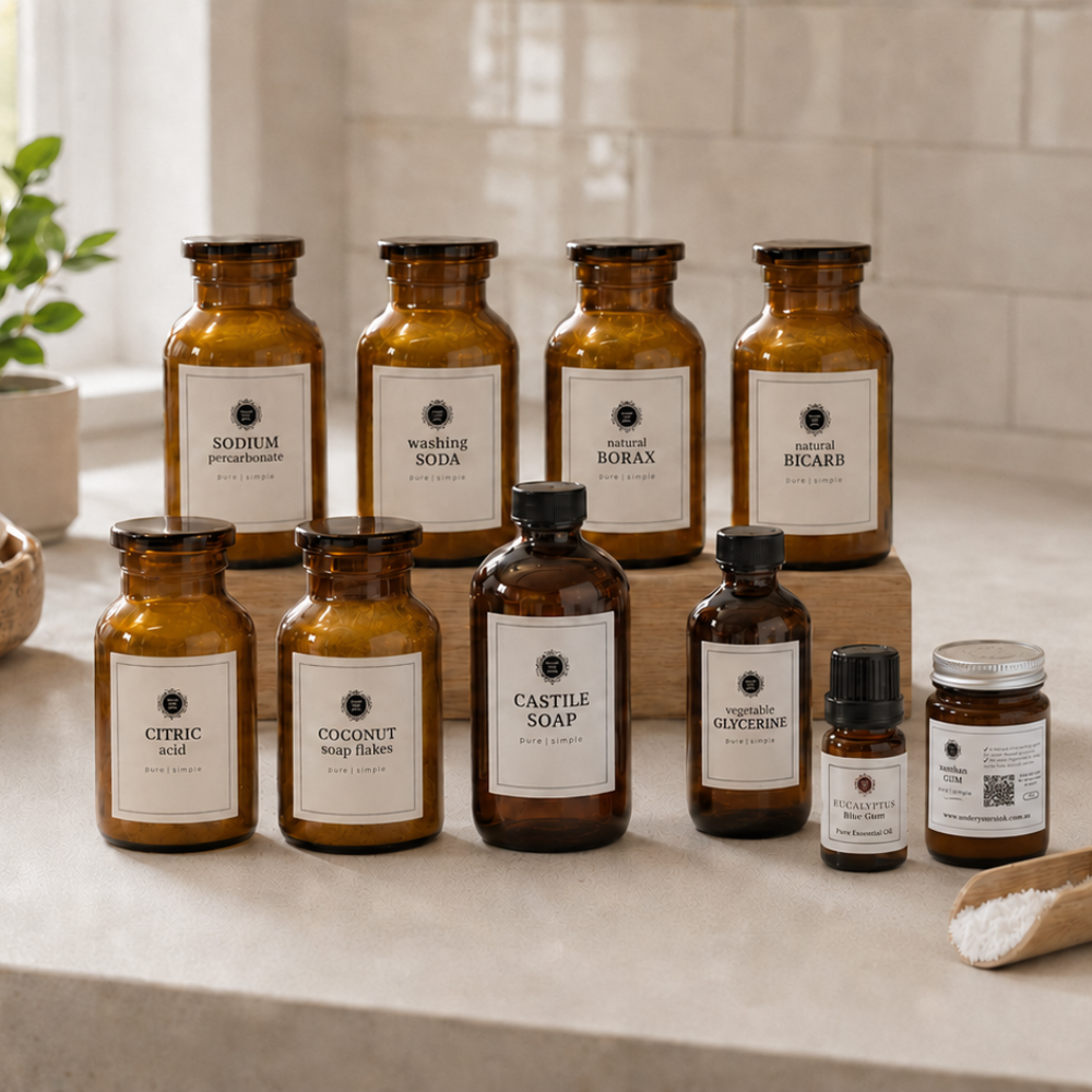 Classy Creator Ingredient Starter Kit with amber glass jars and DIY green cleaning ingredients