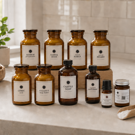 Classy Creator Ingredient Starter Kit with amber glass jars and DIY green cleaning ingredients