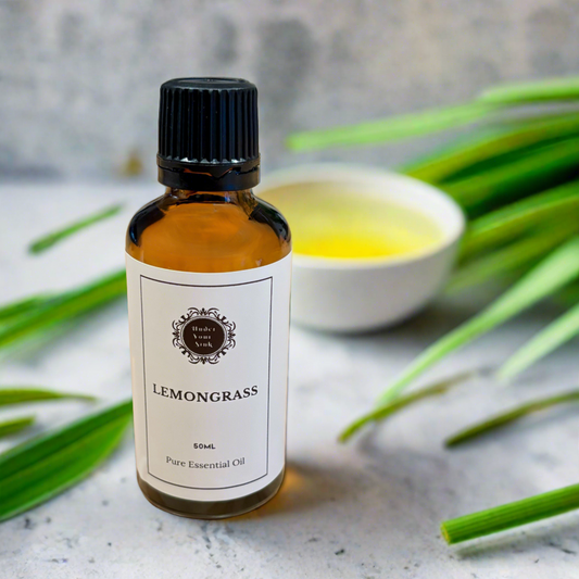 small 50ml amber glass essential oil bottle with white label with under your sink logo and description LEMONGRASS pure essential oil