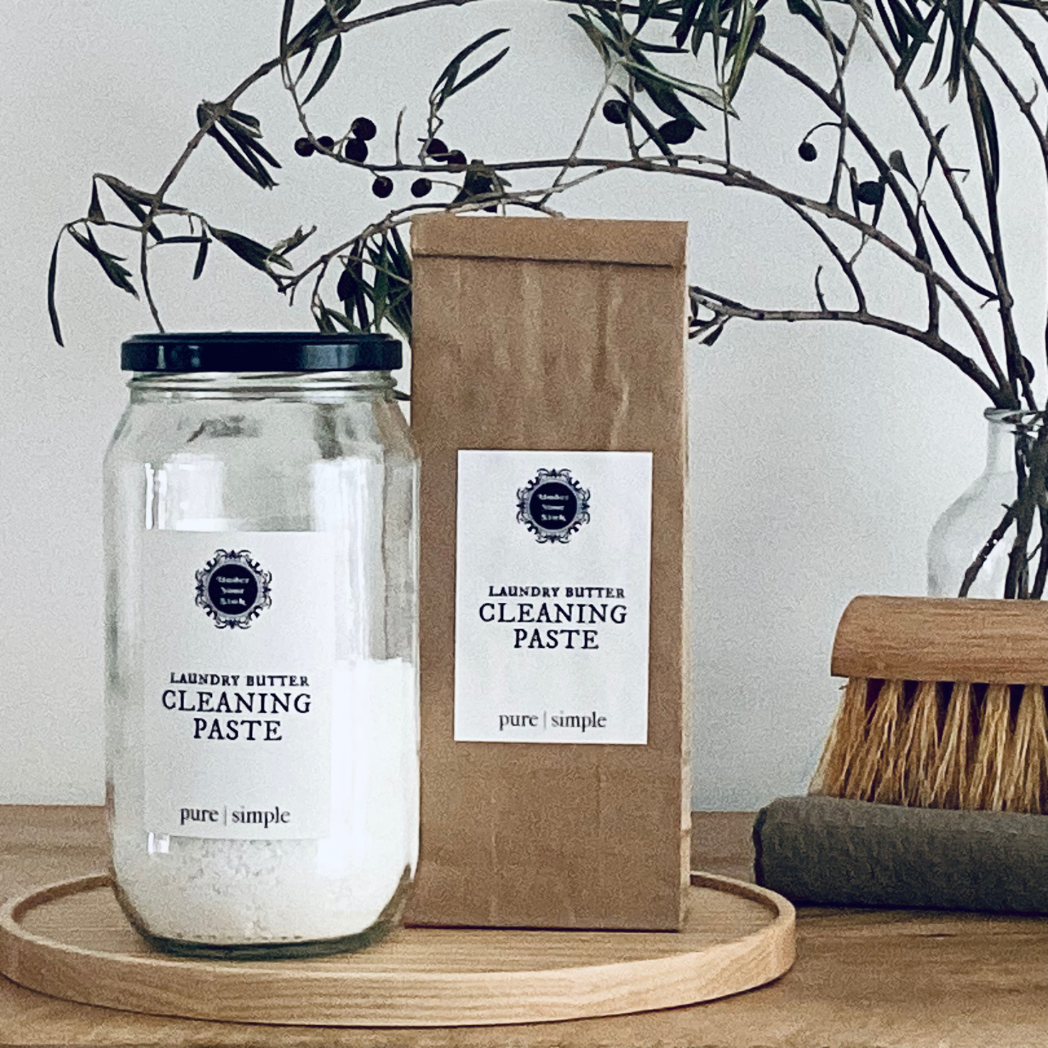 Handmade Cleaning Paste Mix for sale in stylish clear white jar and eco paper bag for natural zero waste cleaning. This is to make a cleaning paste like gumption