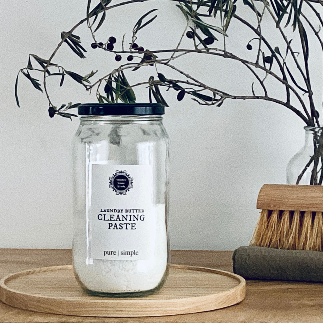 Handmade Cleaning Paste Mix for sale in stylish clear white jar for natural zero waste cleaning. This is to make a cleaning paste like gumption