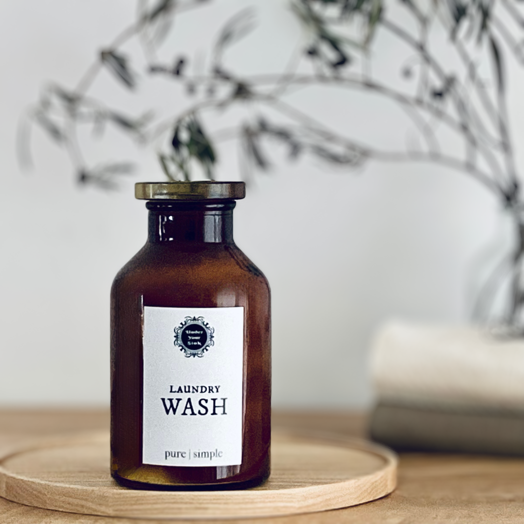 Handmade laundry washing powder for sale in stylish amber glass jar  for natural zero waste cleaning